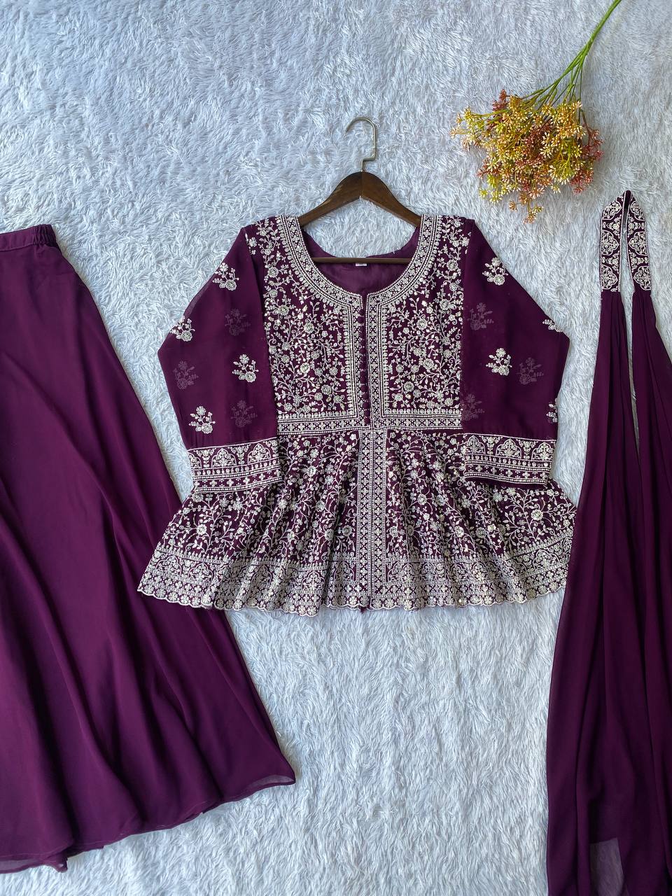 EMBROIDERED PEPLUM TOP WITH PLAZZO PAIR WHOLESALE GEELAN FASHION SURAT