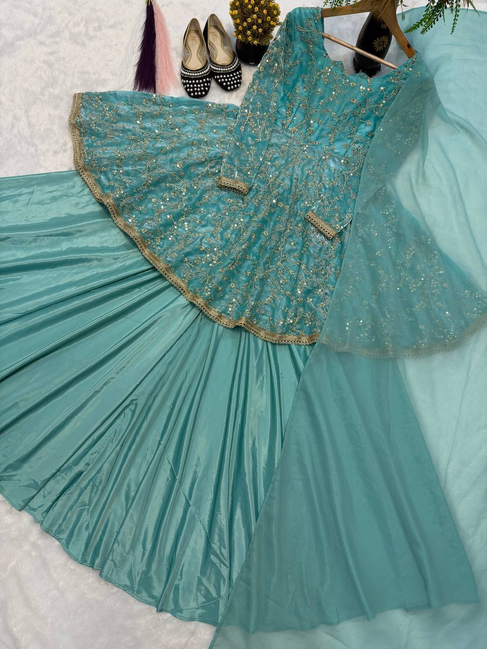 HEAVY FANDY SILK WITH HEAVY EMBROIDERY 5MM SEQUENCE WORK WITH FULL SLEEVE WITH READYMADE LESS. WHOLESALE GEELAN FASHION SURAT