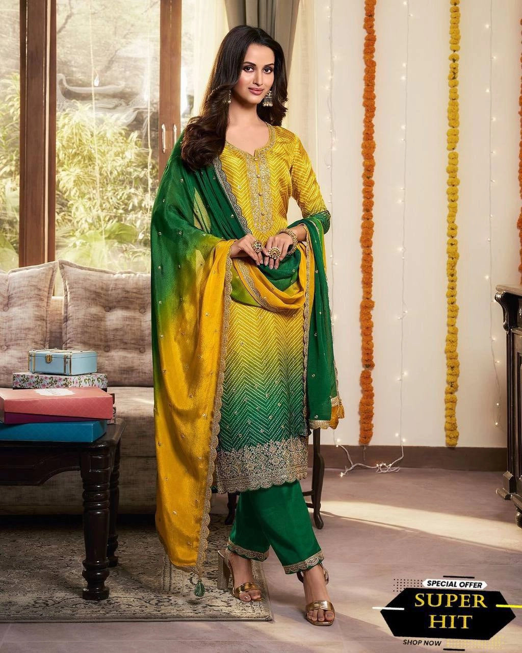 PURE CHINON SILK SEQUENCE EMBROIDERY WORK WITH DIGITAL PRINT SHALWAR SUIT