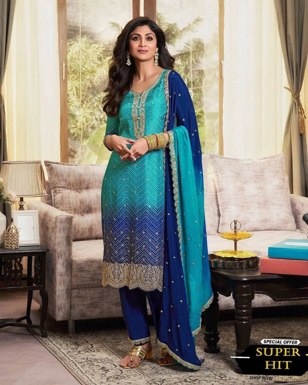 PURE CHINON SILK SEQUENCE EMBROIDERY WORK WITH DIGITAL PRINT SHALWAR SUIT