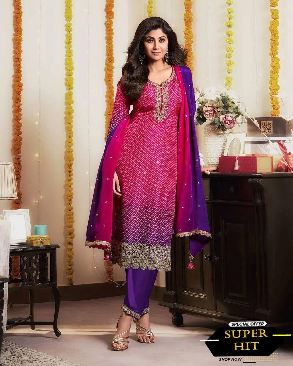 PURE CHINON SILK SEQUENCE EMBROIDERY WORK WITH DIGITAL PRINT SHALWAR SUIT