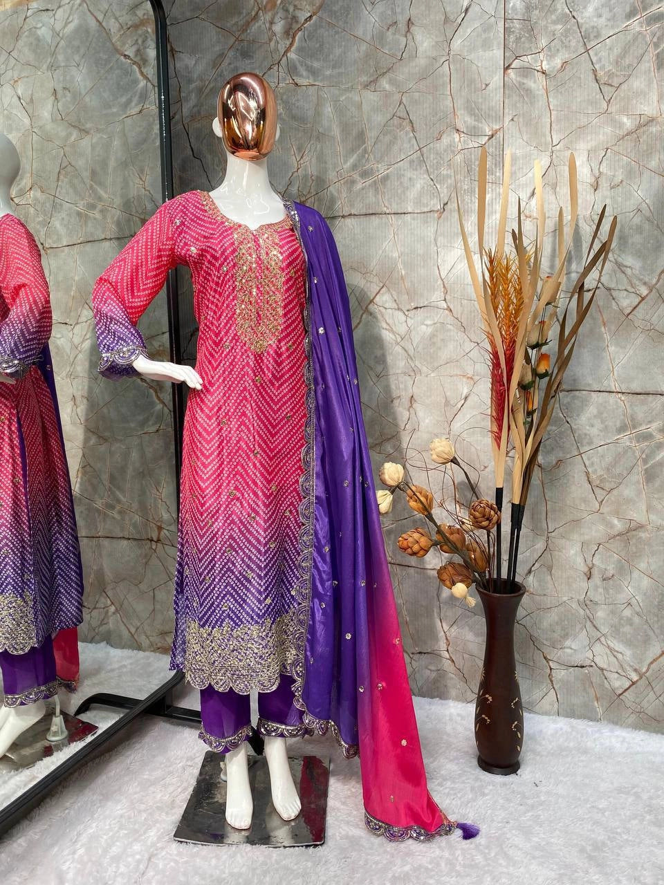 PURE CHINON SILK SEQUENCE EMBROIDERY WORK WITH DIGITAL PRINT SHALWAR SUIT