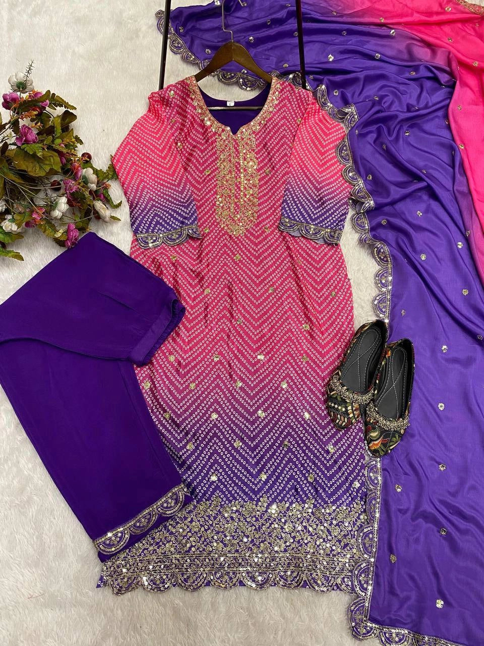 PURE CHINON SILK SEQUENCE EMBROIDERY WORK WITH DIGITAL PRINT SHALWAR SUIT