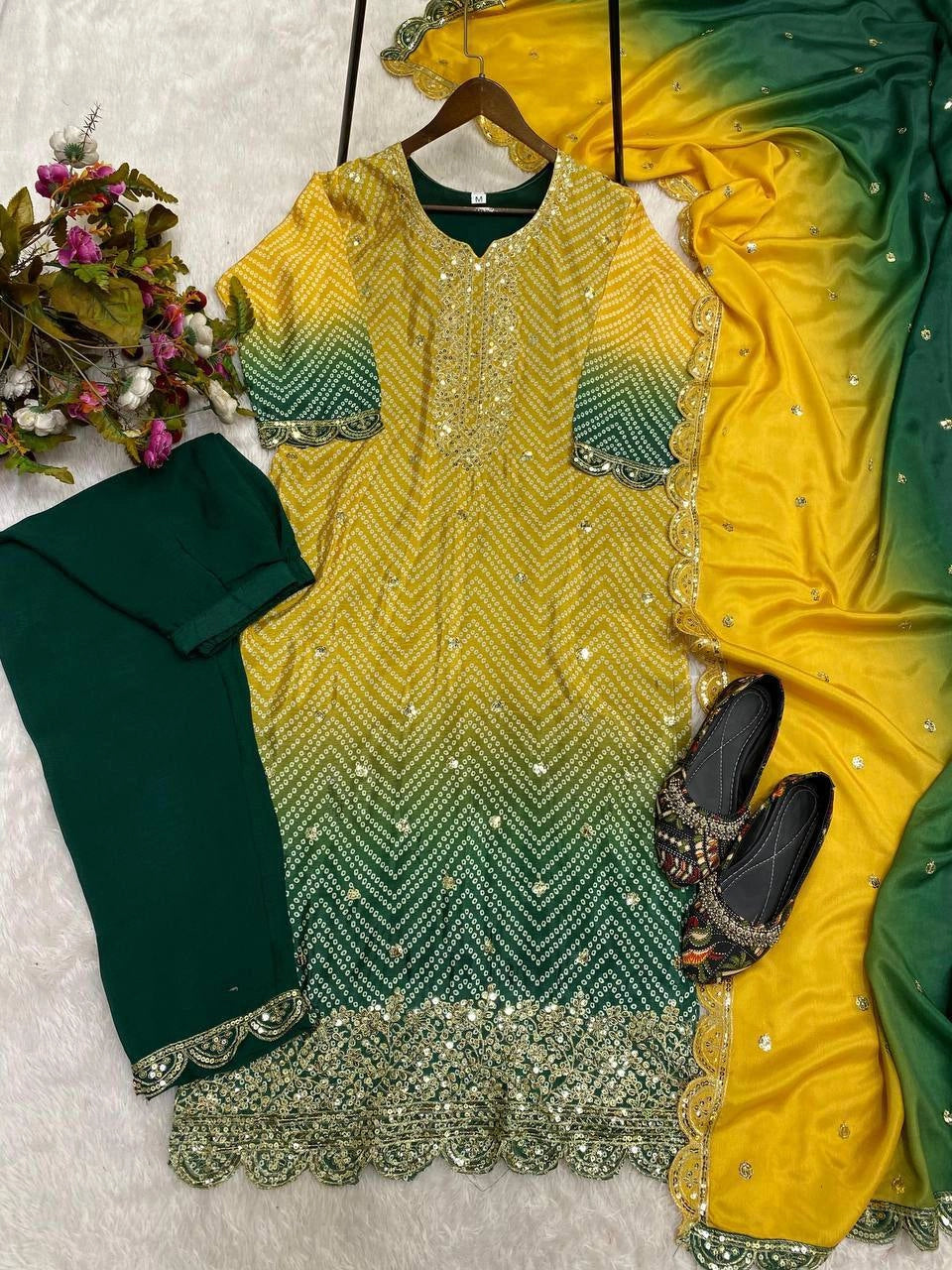 PURE CHINON SILK SEQUENCE EMBROIDERY WORK WITH DIGITAL PRINT SHALWAR SUIT
