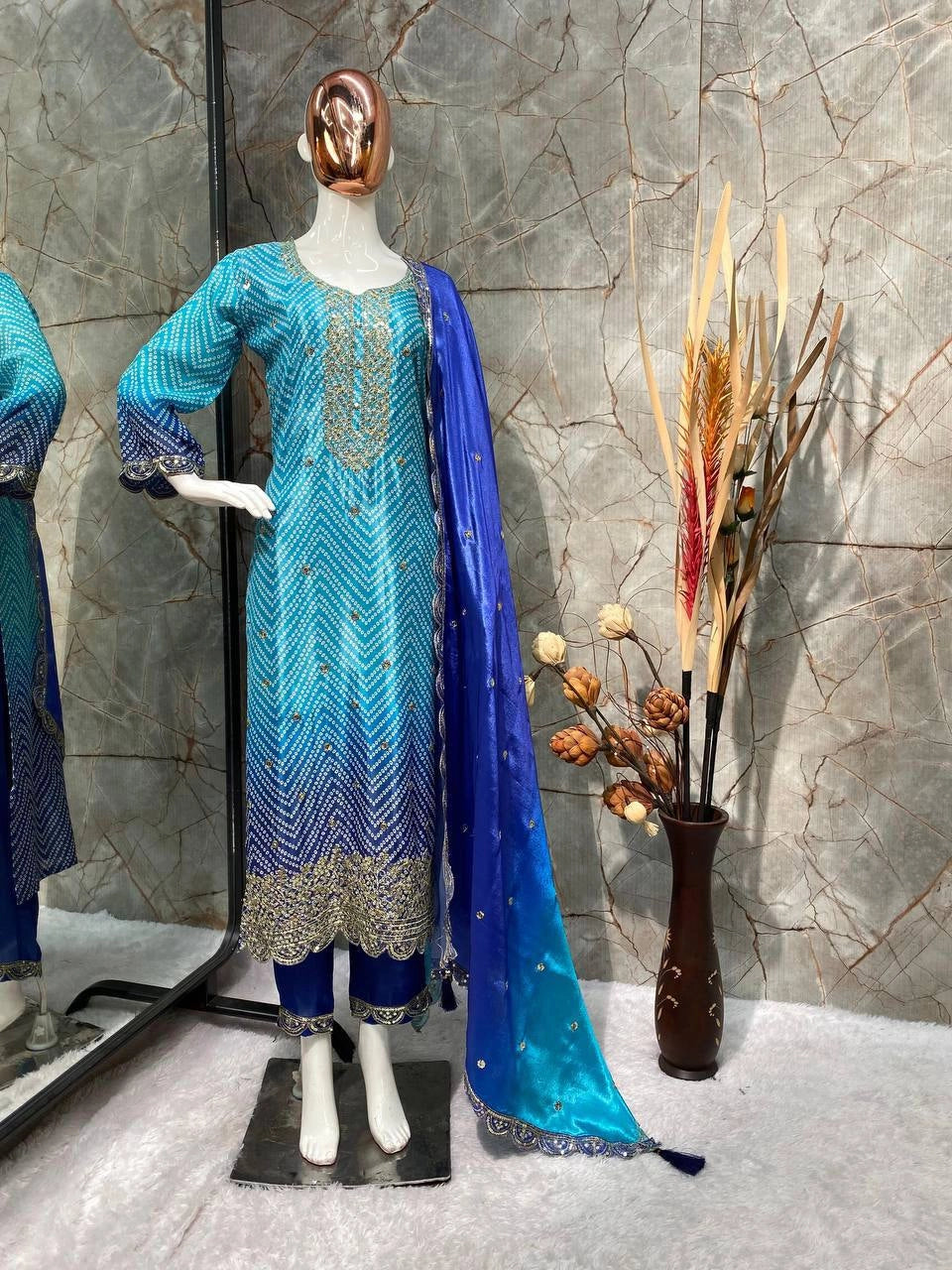 PURE CHINON SILK SEQUENCE EMBROIDERY WORK WITH DIGITAL PRINT SHALWAR SUIT