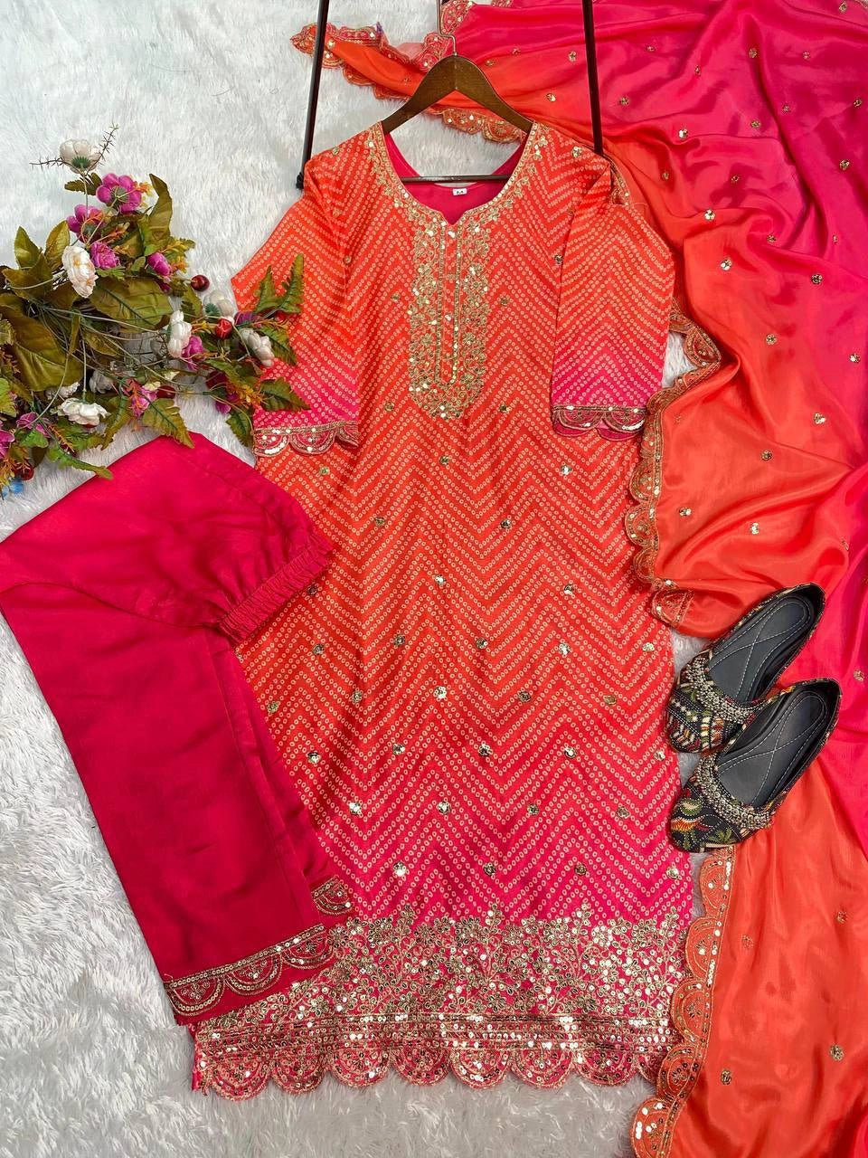 PURE CHINON SILK SEQUENCE EMBROIDERY WORK WITH DIGITAL PRINT SHALWAR SUIT