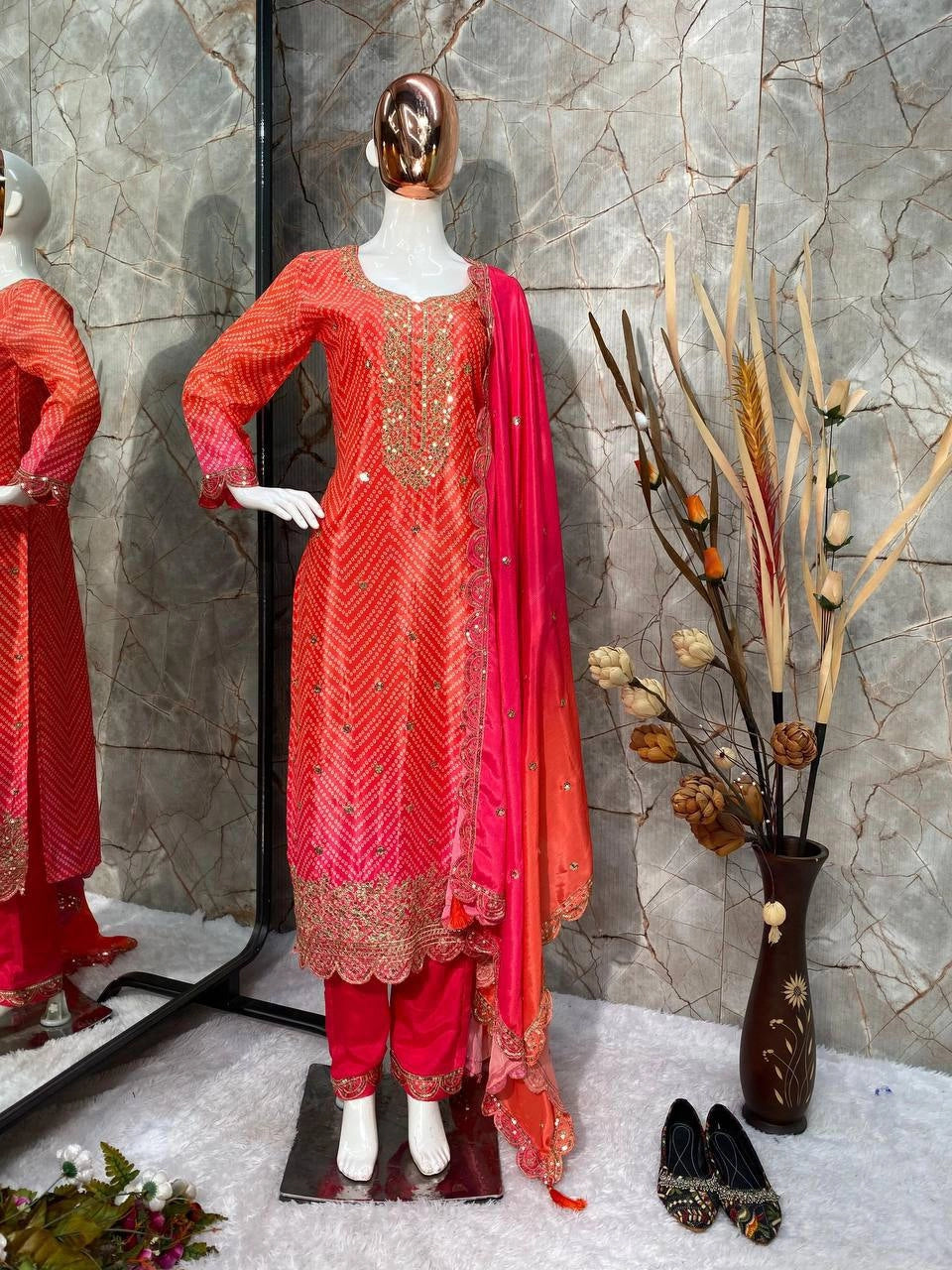 PURE CHINON SILK SEQUENCE EMBROIDERY WORK WITH DIGITAL PRINT SHALWAR SUIT