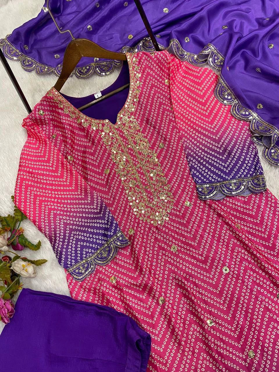 PURE CHINON SILK SEQUENCE EMBROIDERY WORK WITH DIGITAL PRINT SHALWAR SUIT