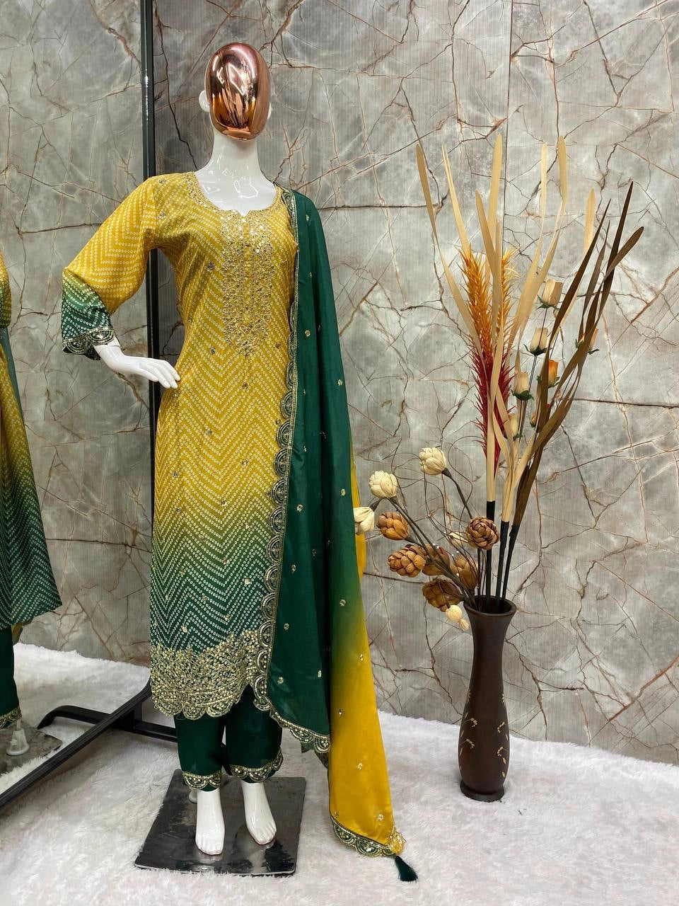 PURE CHINON SILK SEQUENCE EMBROIDERY WORK WITH DIGITAL PRINT SHALWAR SUIT
