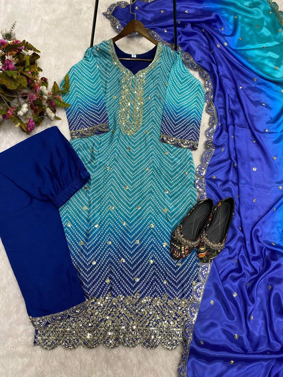 PURE CHINON SILK SEQUENCE EMBROIDERY WORK WITH DIGITAL PRINT SHALWAR SUIT