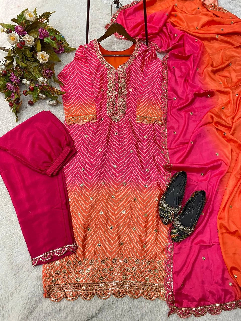 PURE CHINON SILK SEQUENCE EMBROIDERY WORK WITH DIGITAL PRINT SHALWAR SUIT