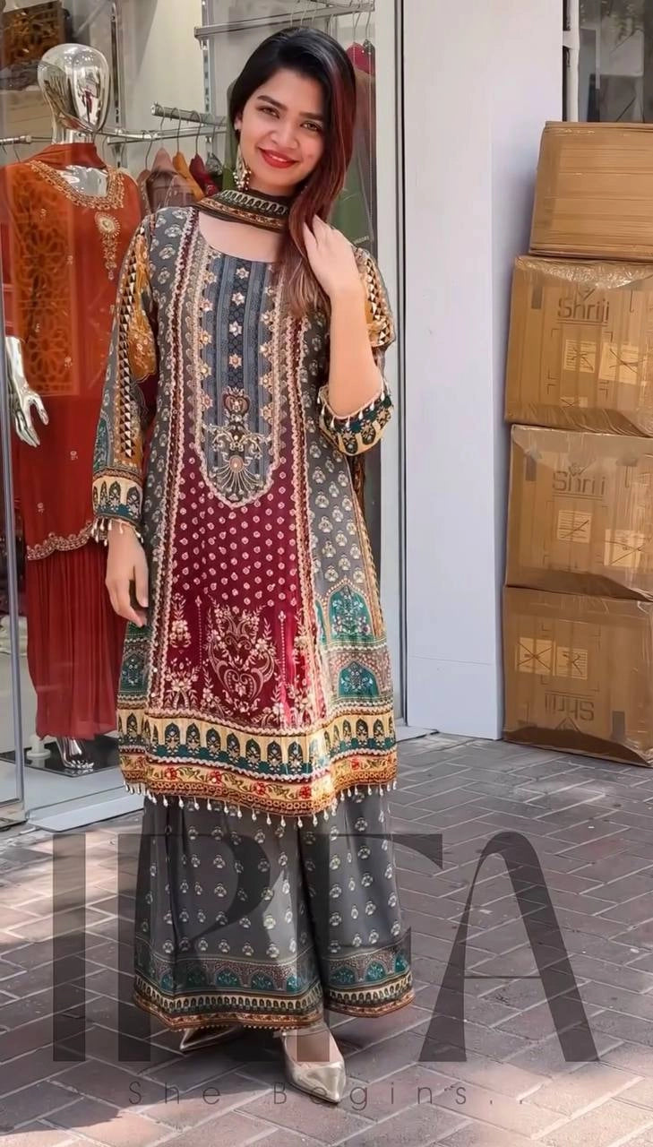 NEW DESIGNER HEAVY FUAX GEORGETTE DIGITAL PRINT HAND WORK SALWAR SUIT