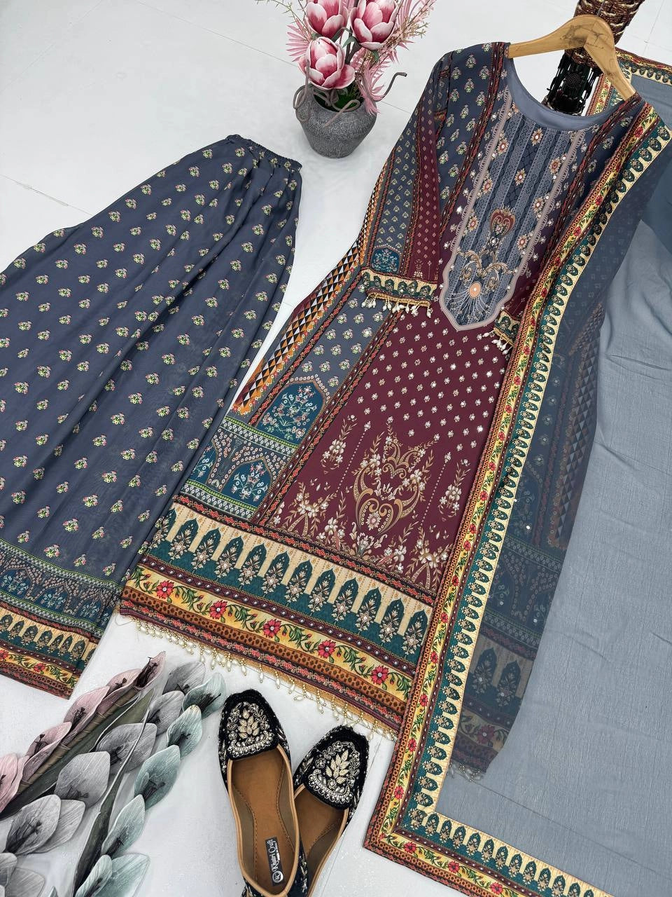 NEW DESIGNER HEAVY FUAX GEORGETTE DIGITAL PRINT HAND WORK SALWAR SUIT