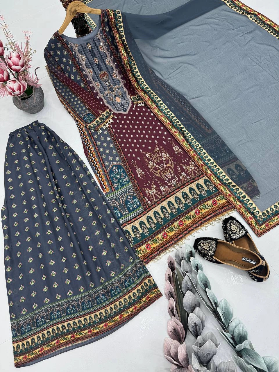 NEW DESIGNER HEAVY FUAX GEORGETTE DIGITAL PRINT HAND WORK SALWAR SUIT