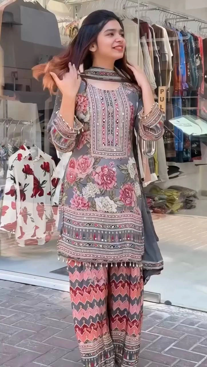 NEW DESIGNER HEAVY FUAX GEORGETTE DIGITAL PRINT HAND WORK SALWAR SUIT