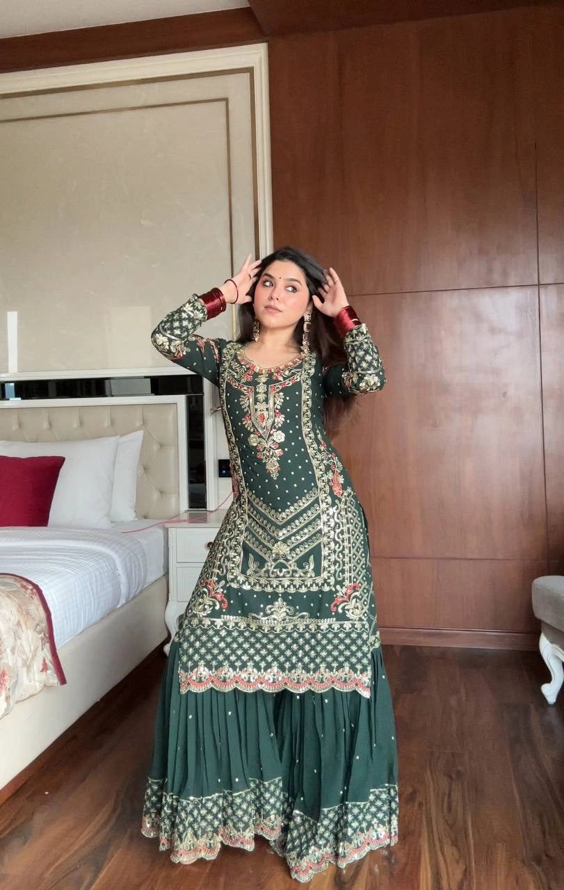 HEAVY EMBROIDERED GREEN SHARARA SET FOR WOMEN – FESTIVE & WEDDING COLLECTION