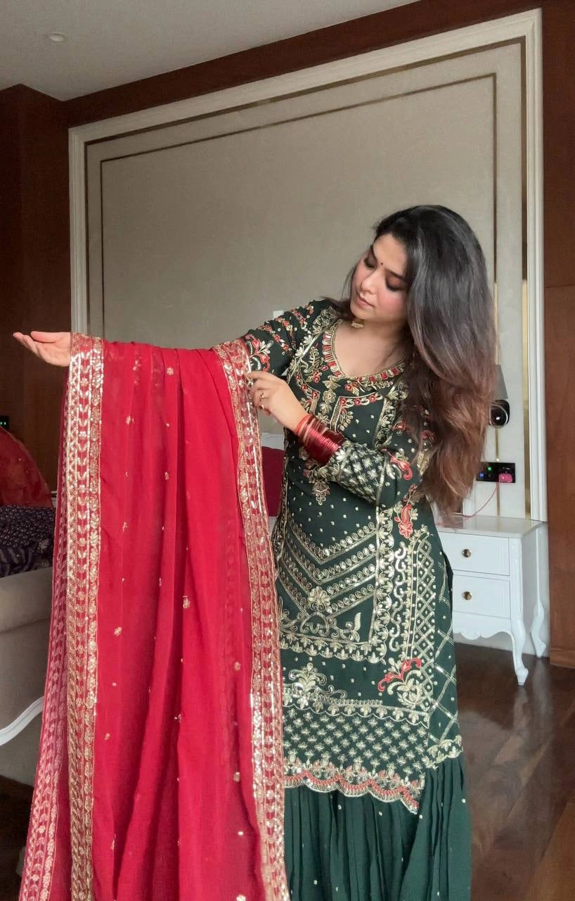 HEAVY EMBROIDERED GREEN SHARARA SET FOR WOMEN – FESTIVE & WEDDING COLLECTION