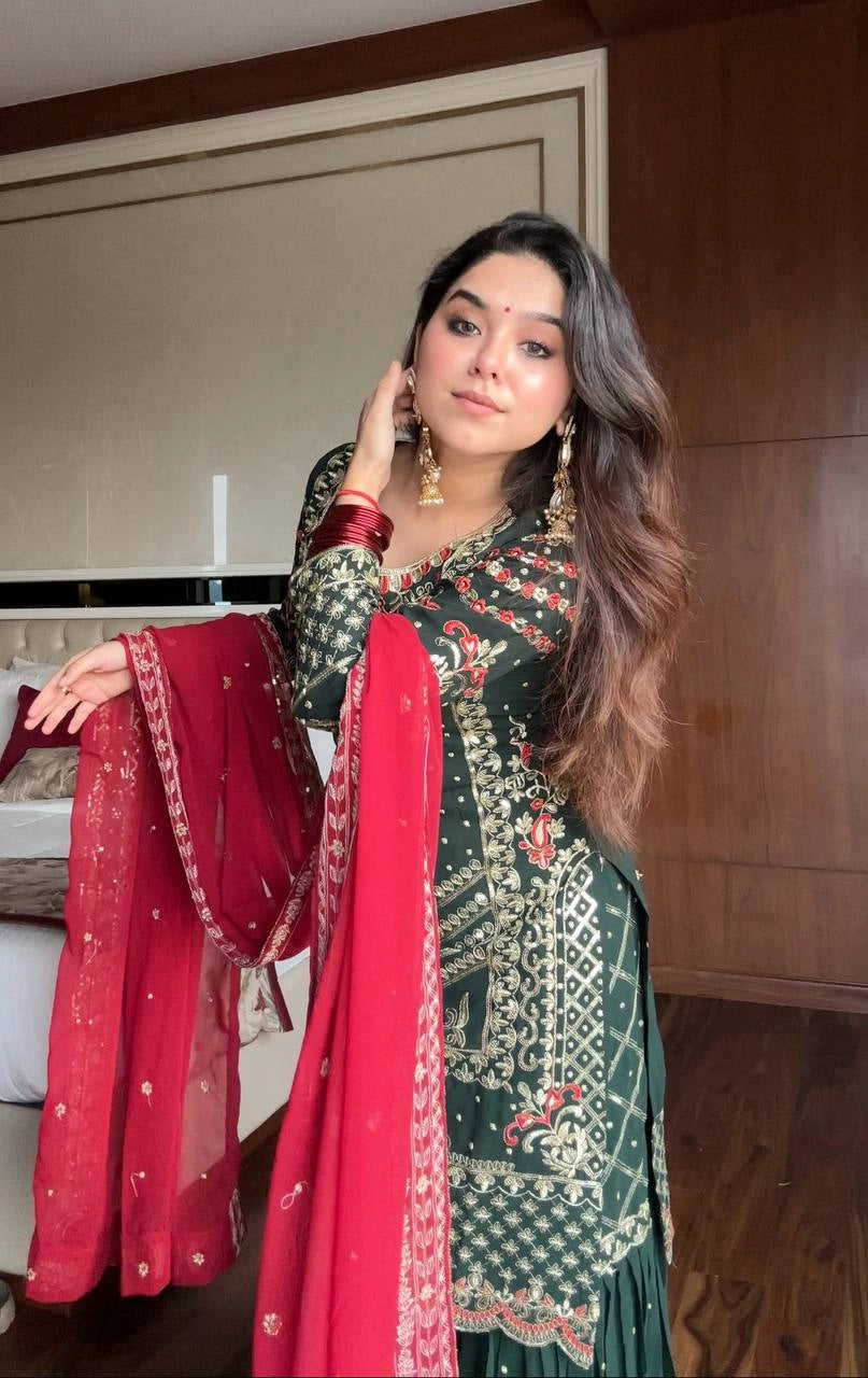 HEAVY EMBROIDERED GREEN SHARARA SET FOR WOMEN – FESTIVE & WEDDING COLLECTION