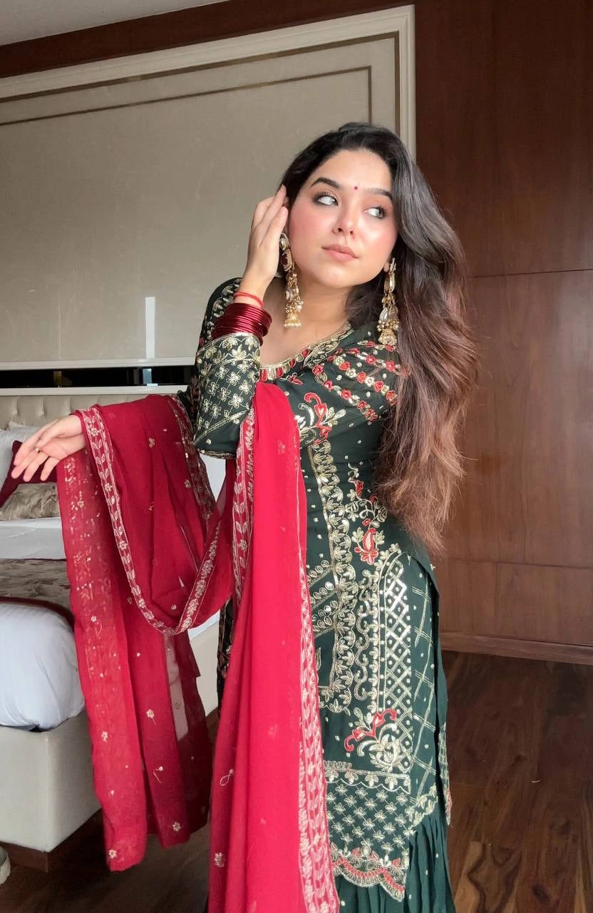 HEAVY EMBROIDERED GREEN SHARARA SET FOR WOMEN – FESTIVE & WEDDING COLLECTION
