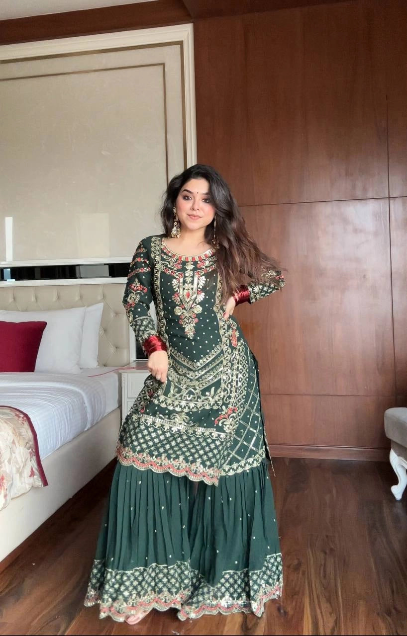 HEAVY EMBROIDERED GREEN SHARARA SET FOR WOMEN – FESTIVE & WEDDING COLLECTION