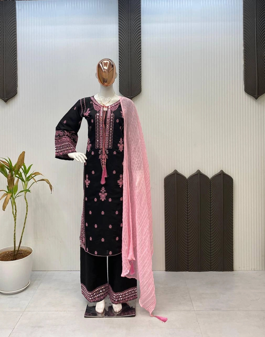 BLACK PAKISTANI EMBROIDERED DRESS WITH PINK MIRROR WORK – ELEGANT PARTY – FESTIVE WEAR FOR WOMEN