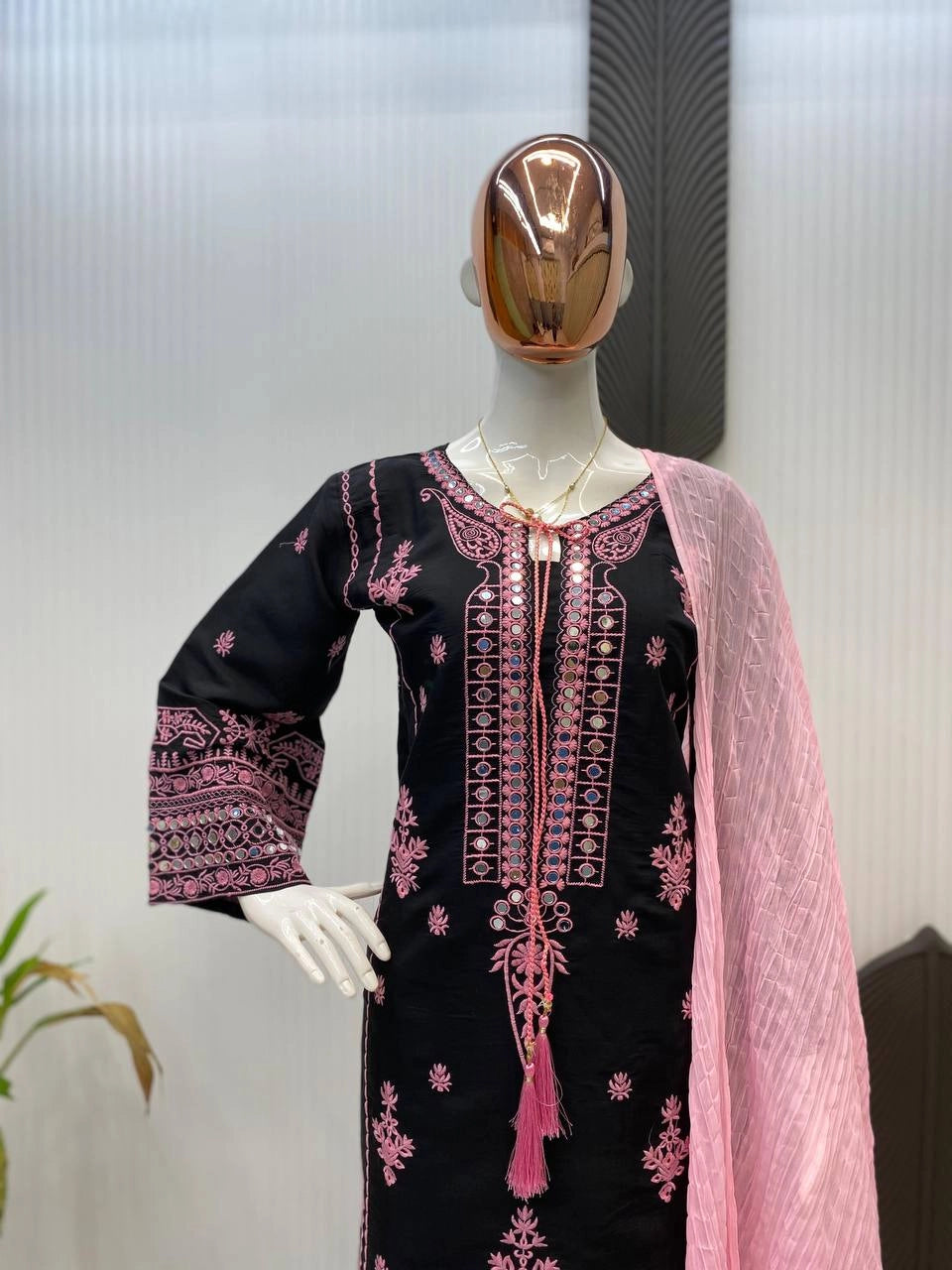 BLACK PAKISTANI EMBROIDERED DRESS WITH PINK MIRROR WORK – ELEGANT PARTY – FESTIVE WEAR FOR WOMEN
