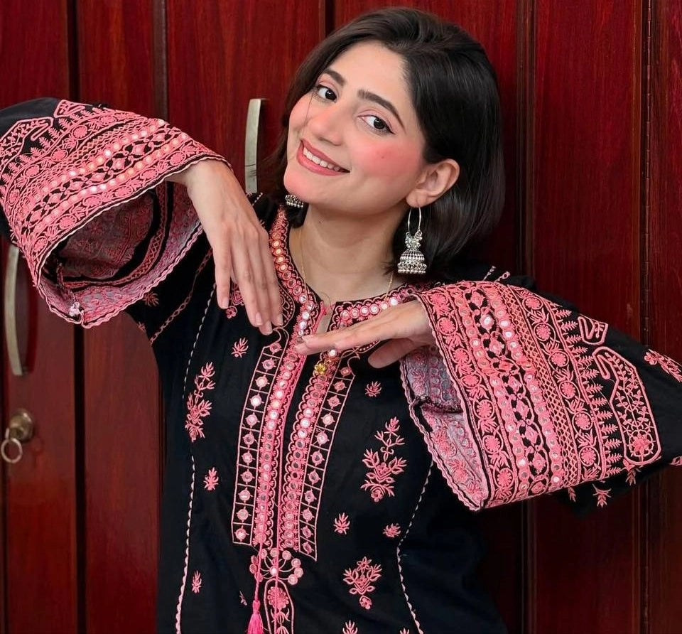 BLACK PAKISTANI EMBROIDERED DRESS WITH PINK MIRROR WORK – ELEGANT PARTY – FESTIVE WEAR FOR WOMEN
