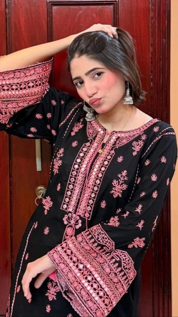 BLACK PAKISTANI EMBROIDERED DRESS WITH PINK MIRROR WORK – ELEGANT PARTY – FESTIVE WEAR FOR WOMEN
