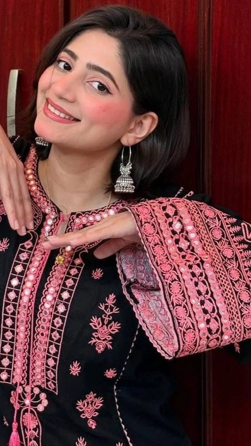 BLACK PAKISTANI EMBROIDERED DRESS WITH PINK MIRROR WORK – ELEGANT PARTY – FESTIVE WEAR FOR WOMEN