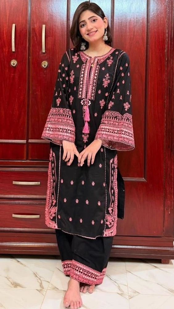 BLACK PAKISTANI EMBROIDERED DRESS WITH PINK MIRROR WORK – ELEGANT PARTY – FESTIVE WEAR FOR WOMEN