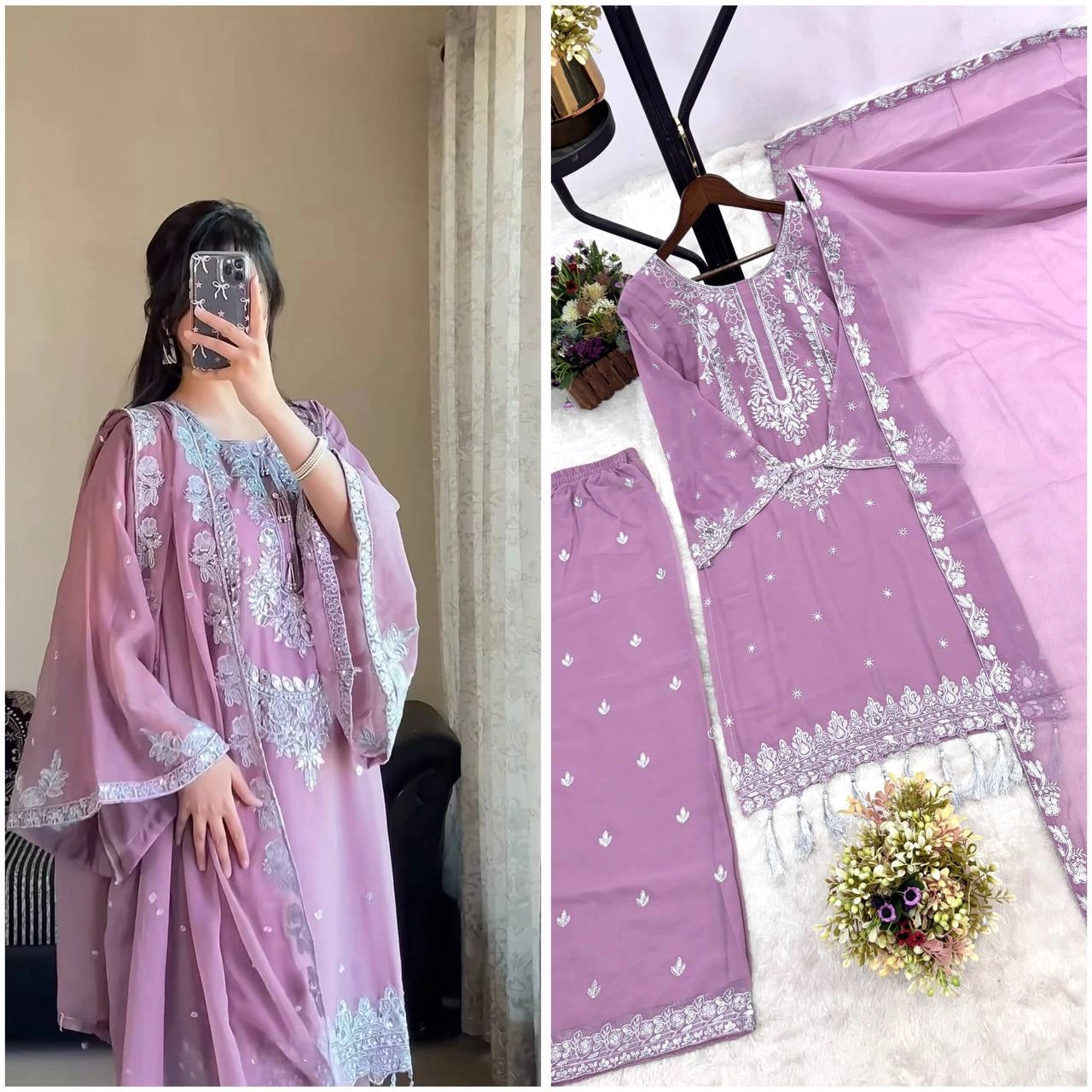 PAKISTANI EMBROIDERED GEORGETTE SUIT – LAVENDER COLOR | ETHNIC WEAR FOR WOMEN | WEDDING & PARTY DRESS