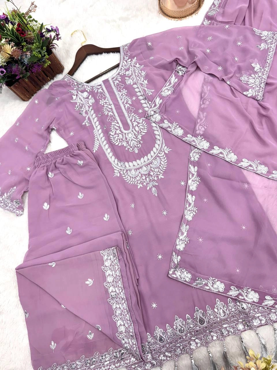 PAKISTANI EMBROIDERED GEORGETTE SUIT – LAVENDER COLOR | ETHNIC WEAR FOR WOMEN | WEDDING & PARTY DRESS