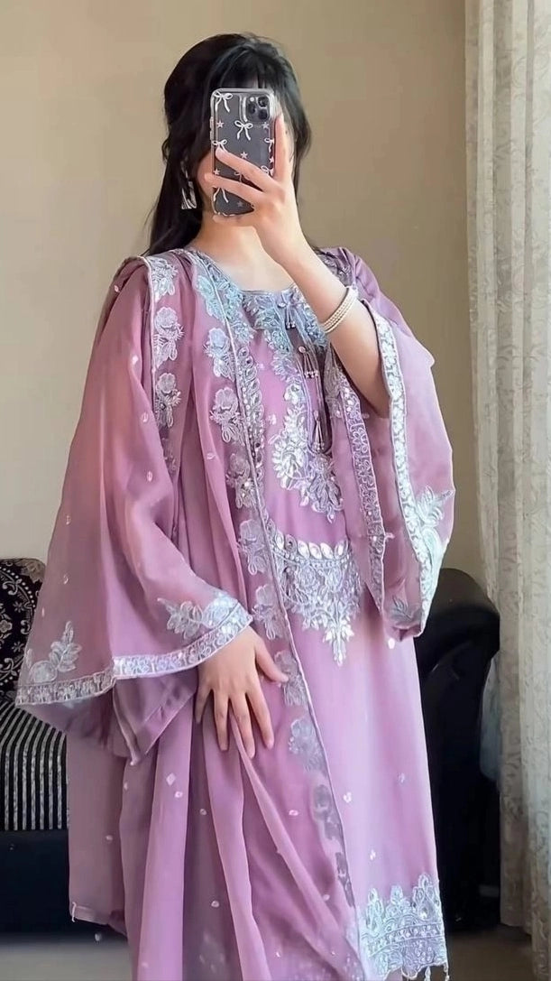 PAKISTANI EMBROIDERED GEORGETTE SUIT – LAVENDER COLOR | ETHNIC WEAR FOR WOMEN | WEDDING & PARTY DRESS