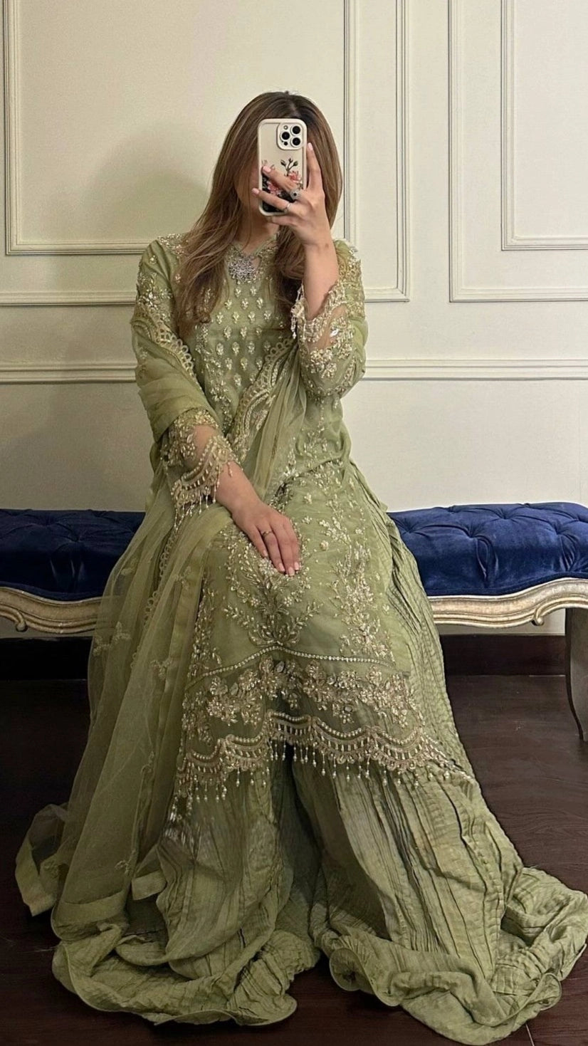 LIGHT GREEN EMBROIDERED PAKISTANI PARTY WEAR DRESS FOR WOMEN | LUXURY CHIFFON SHARARA OUTFIT FOR WOMEN