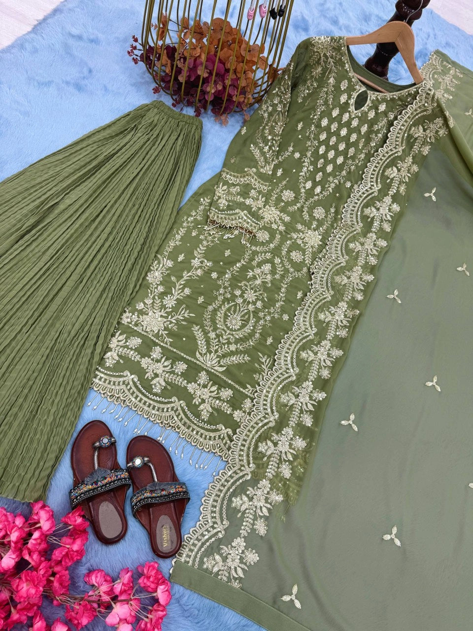 LIGHT GREEN EMBROIDERED PAKISTANI PARTY WEAR DRESS FOR WOMEN | LUXURY CHIFFON SHARARA OUTFIT FOR WOMEN