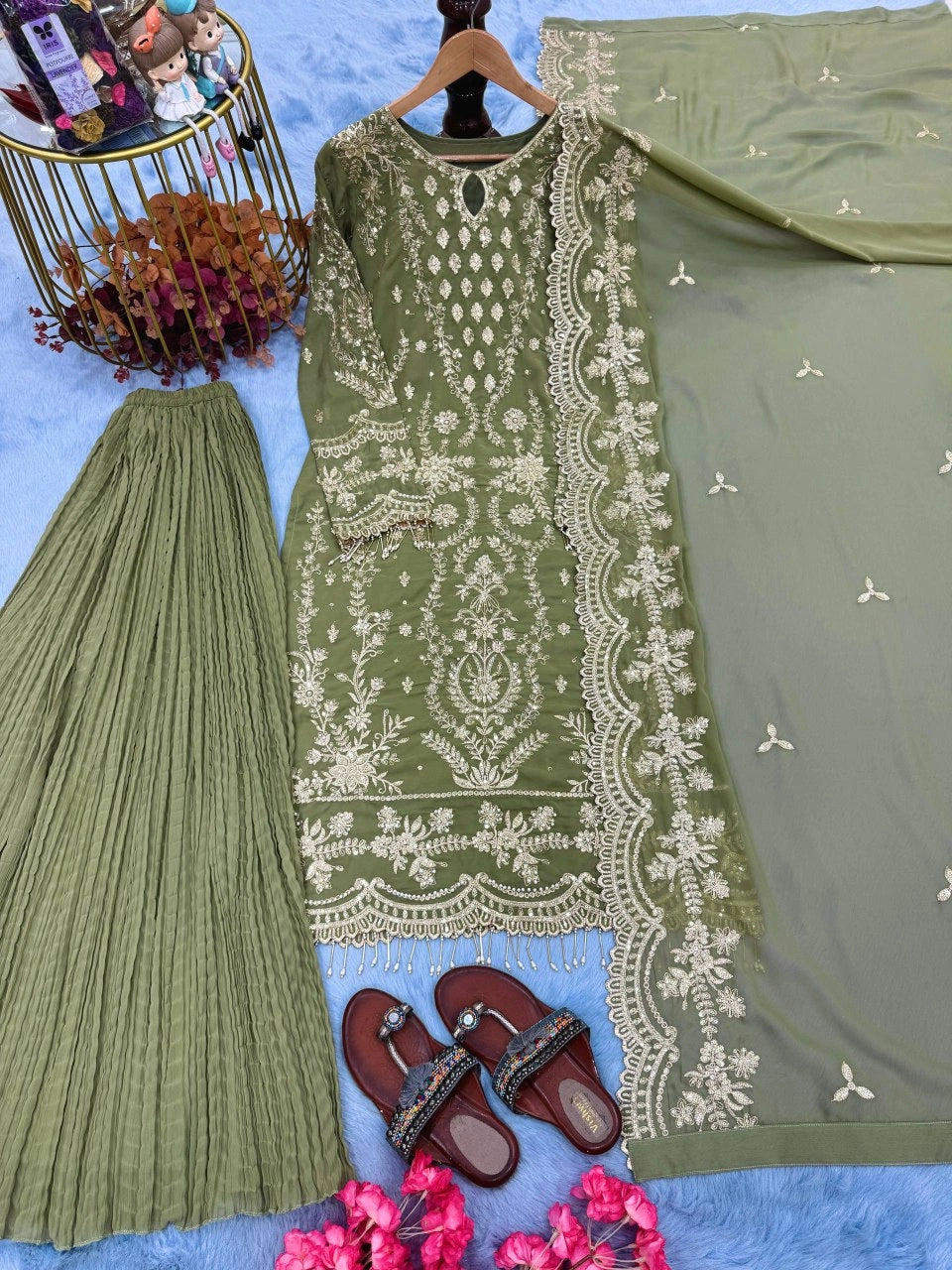 LIGHT GREEN EMBROIDERED PAKISTANI PARTY WEAR DRESS FOR WOMEN | LUXURY CHIFFON SHARARA OUTFIT FOR WOMEN