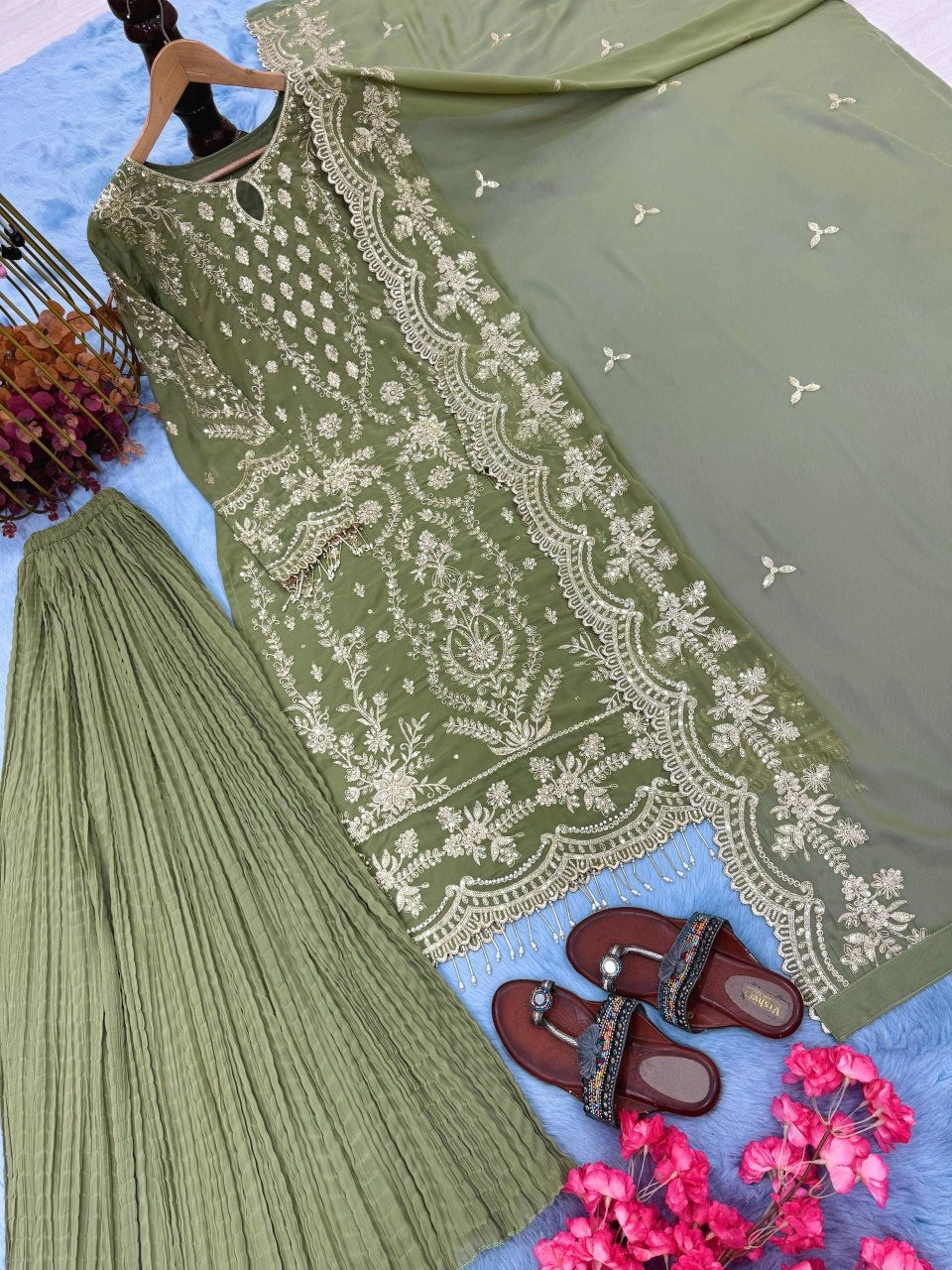 LIGHT GREEN EMBROIDERED PAKISTANI PARTY WEAR DRESS FOR WOMEN | LUXURY CHIFFON SHARARA OUTFIT FOR WOMEN