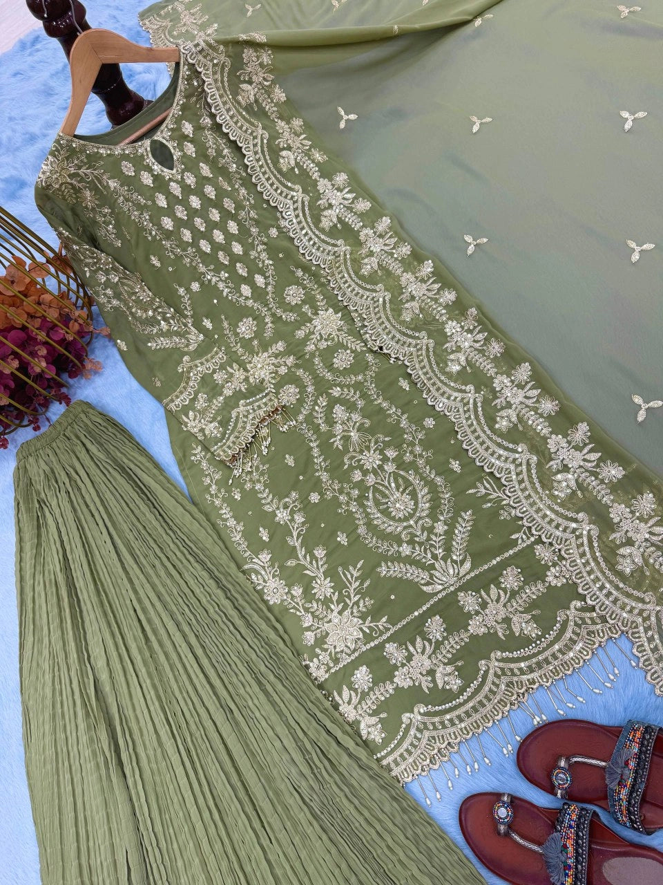 LIGHT GREEN EMBROIDERED PAKISTANI PARTY WEAR DRESS FOR WOMEN | LUXURY CHIFFON SHARARA OUTFIT FOR WOMEN