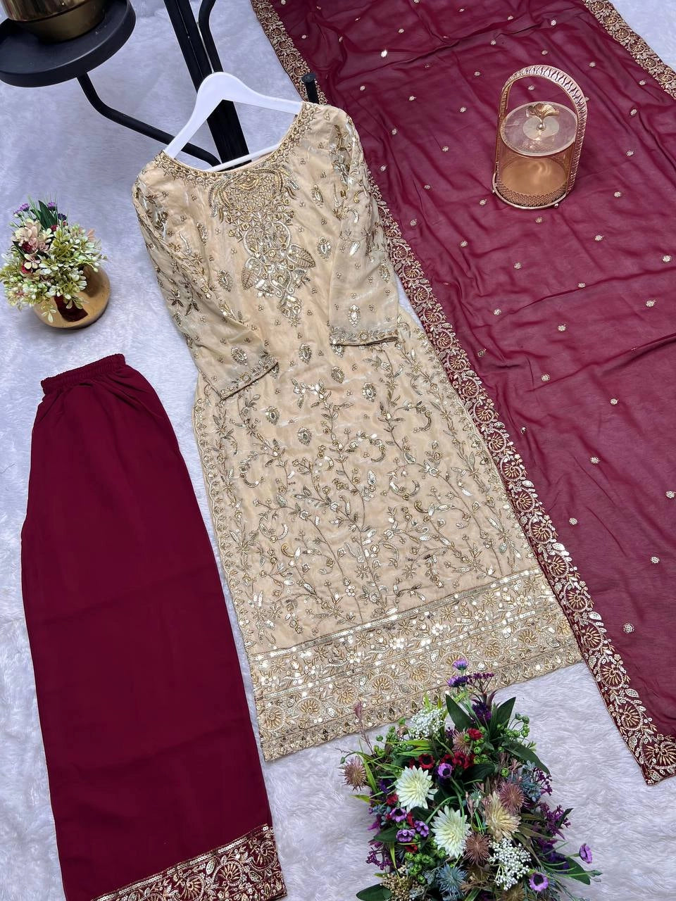 PREMIUM PAKISTANI EMBROIDERED SUIT IN GOLD AND MAROON | FESTIVE, WEDDING & PARTY WEAR OUTFIT FOR LADIES