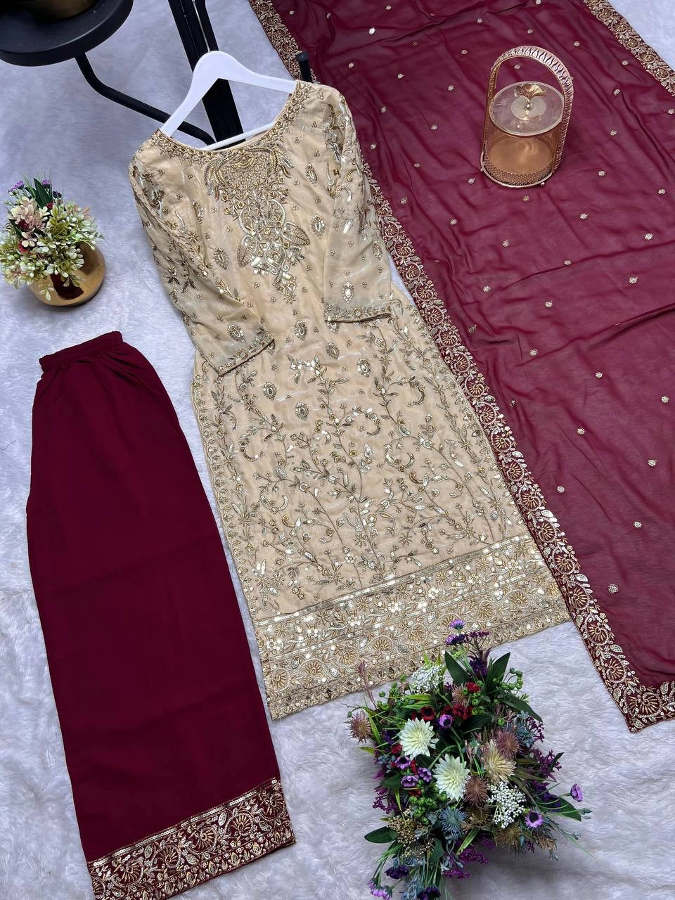 PREMIUM PAKISTANI EMBROIDERED SUIT IN GOLD AND MAROON | FESTIVE, WEDDING & PARTY WEAR OUTFIT FOR LADIES