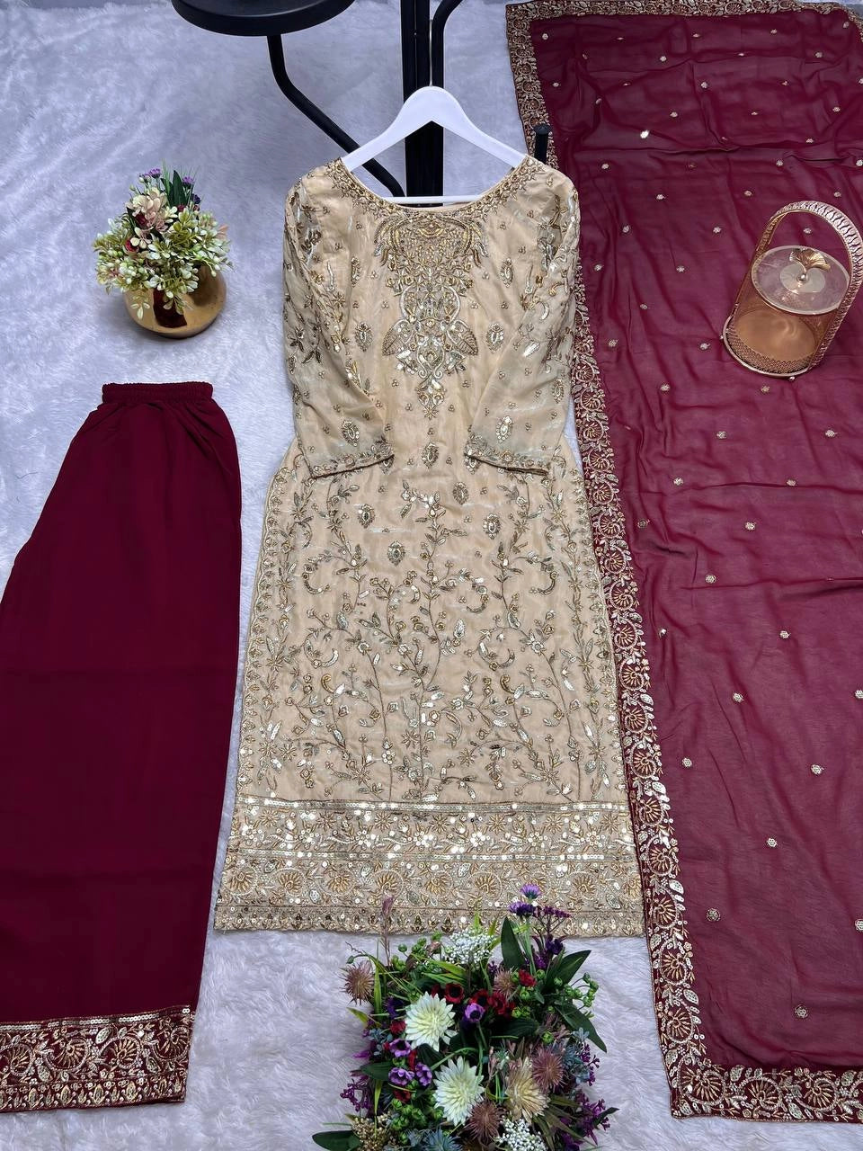 PREMIUM PAKISTANI EMBROIDERED SUIT IN GOLD AND MAROON | FESTIVE, WEDDING & PARTY WEAR OUTFIT FOR LADIES