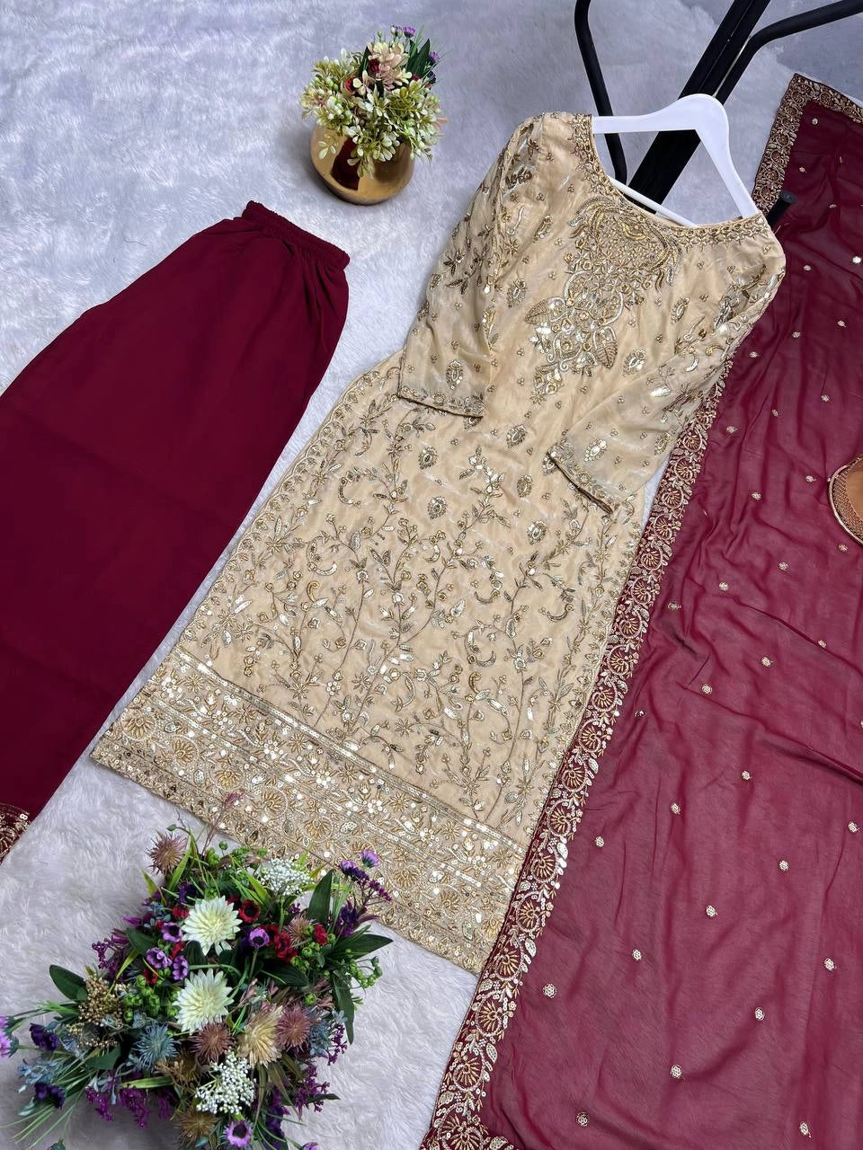 PREMIUM PAKISTANI EMBROIDERED SUIT IN GOLD AND MAROON | FESTIVE, WEDDING & PARTY WEAR OUTFIT FOR LADIES