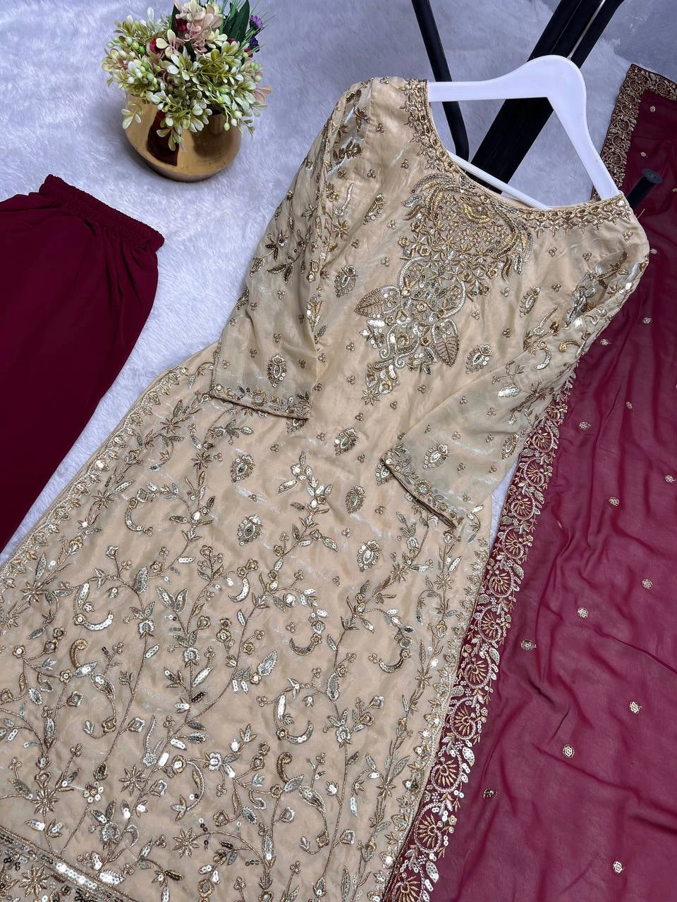 PREMIUM PAKISTANI EMBROIDERED SUIT IN GOLD AND MAROON | FESTIVE, WEDDING & PARTY WEAR OUTFIT FOR LADIES