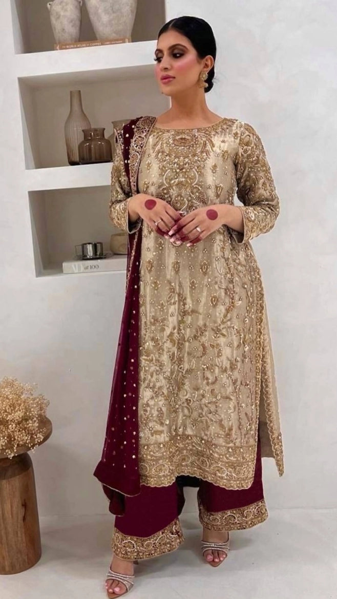 PREMIUM PAKISTANI EMBROIDERED SUIT IN GOLD AND MAROON | FESTIVE, WEDDING & PARTY WEAR OUTFIT FOR LADIES