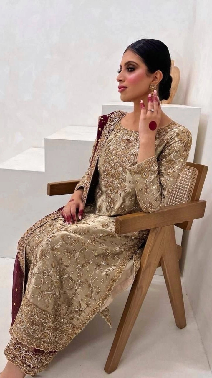 PREMIUM PAKISTANI EMBROIDERED SUIT IN GOLD AND MAROON | FESTIVE, WEDDING & PARTY WEAR OUTFIT FOR LADIES