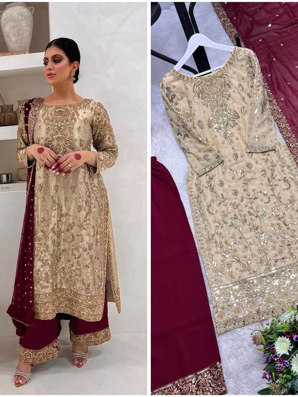 PREMIUM PAKISTANI EMBROIDERED SUIT IN GOLD AND MAROON | FESTIVE, WEDDING & PARTY WEAR OUTFIT FOR LADIES
