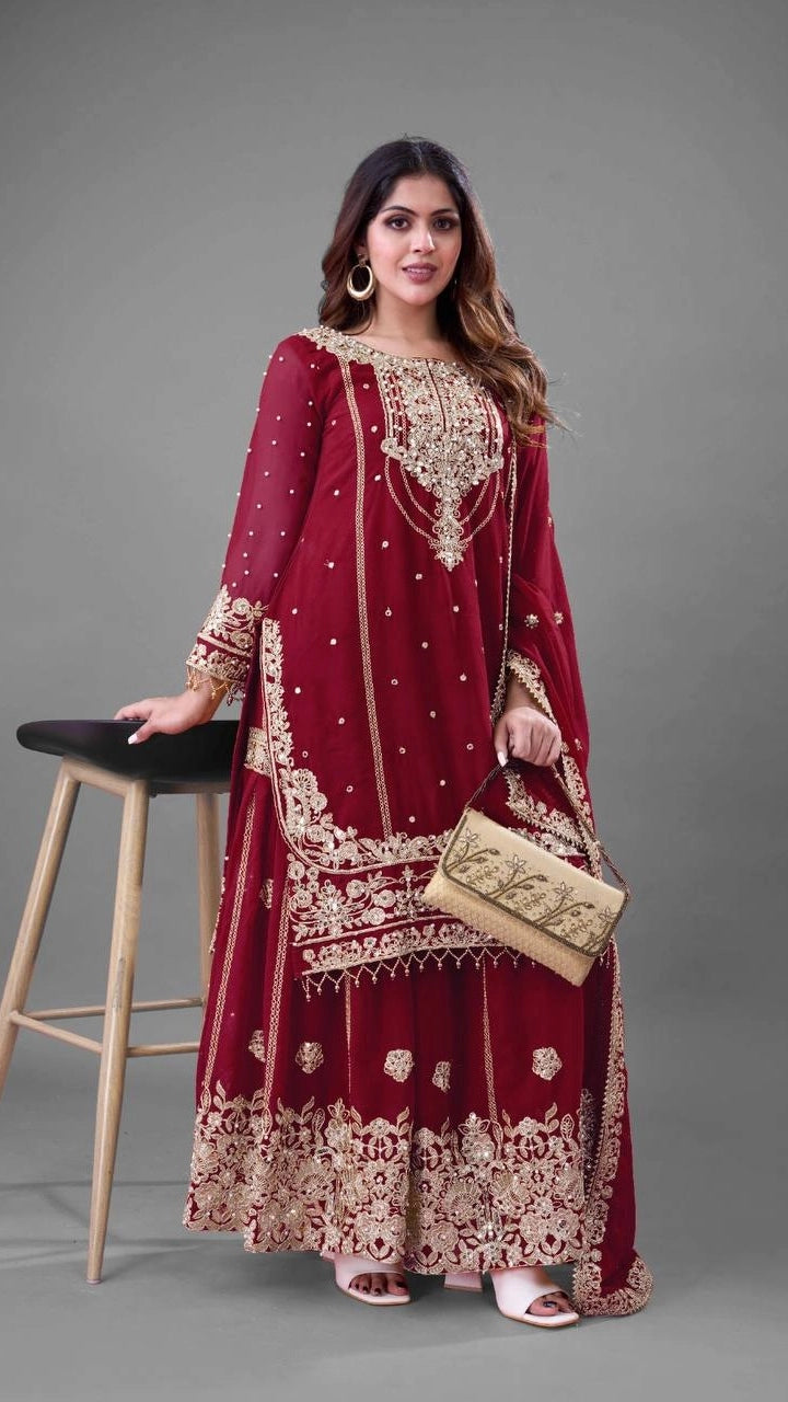 PREMIUM MAROON HEAVY EMBROIDERED WEDDING SUIT | DESIGNER PARTY WEAR PAKISTANI STYLE DRESS FOR WOMEN