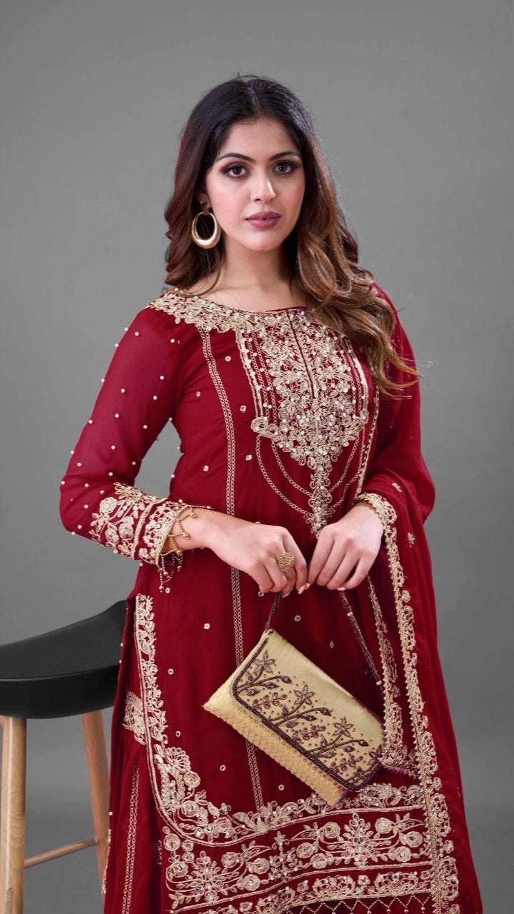 PREMIUM MAROON HEAVY EMBROIDERED WEDDING SUIT | DESIGNER PARTY WEAR PAKISTANI STYLE DRESS FOR WOMEN