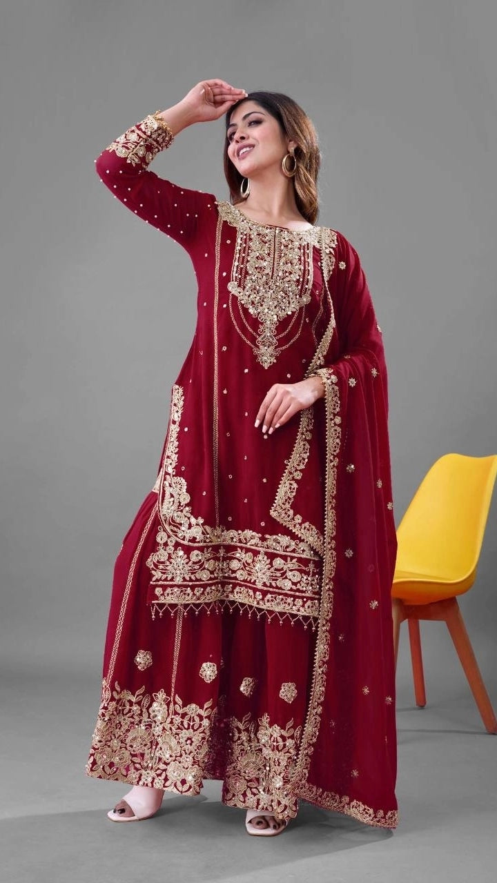 PREMIUM MAROON HEAVY EMBROIDERED WEDDING SUIT | DESIGNER PARTY WEAR PAKISTANI STYLE DRESS FOR WOMEN