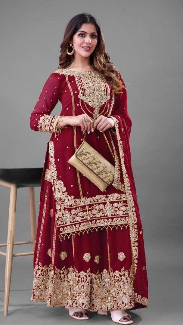 PREMIUM MAROON HEAVY EMBROIDERED WEDDING SUIT | DESIGNER PARTY WEAR PAKISTANI STYLE DRESS FOR WOMEN